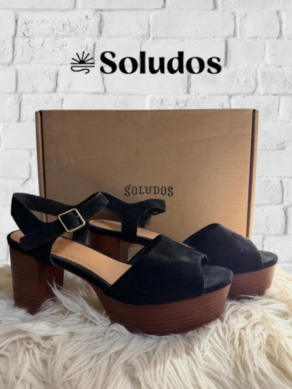 Soludos Black Suede Platform Sandals with Wood-Effect Heel Women’s 8.5